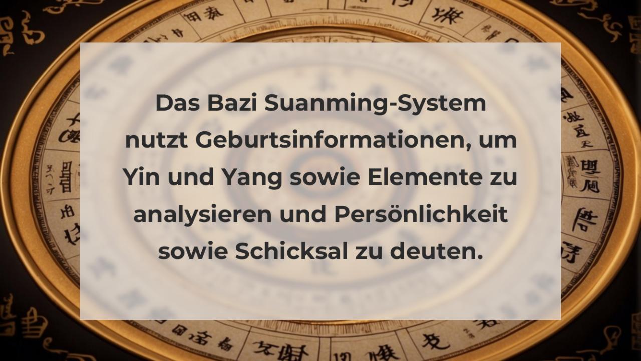 Das Bazi Suanming-System nutzt Geburtsinformationen, um Yin und Yang sowie Elemente zu analysieren und Persönlichkeit sowie Schicksal zu deuten.