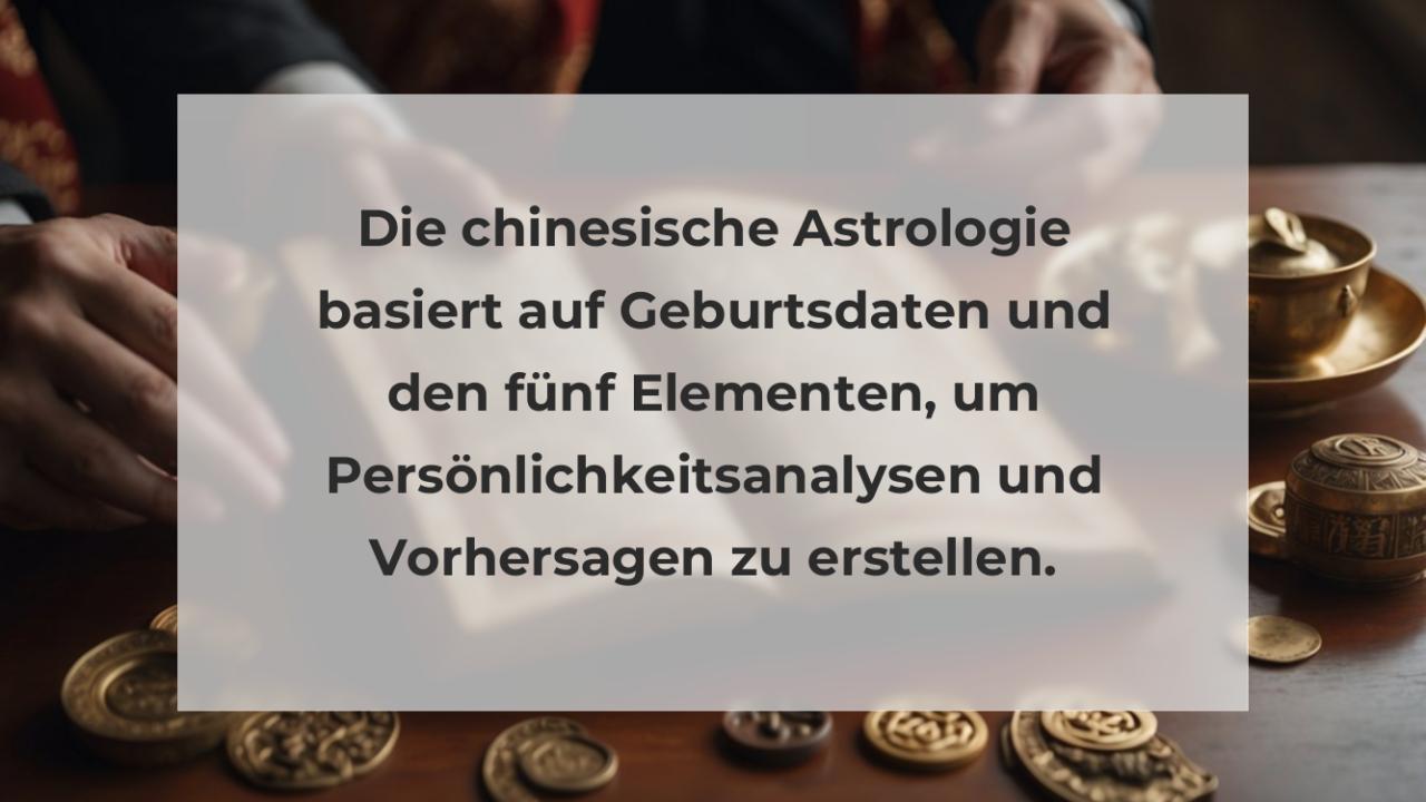 Die chinesische Astrologie basiert auf Geburtsdaten und den fünf Elementen, um Persönlichkeitsanalysen und Vorhersagen zu erstellen.