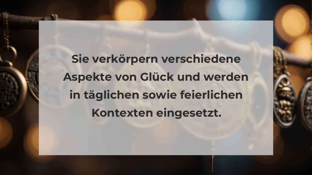 Sie verkörpern verschiedene Aspekte von Glück und werden in täglichen sowie feierlichen Kontexten eingesetzt.